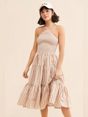 Lusana Arlen Midi Stripe Halter Dress Beige and White